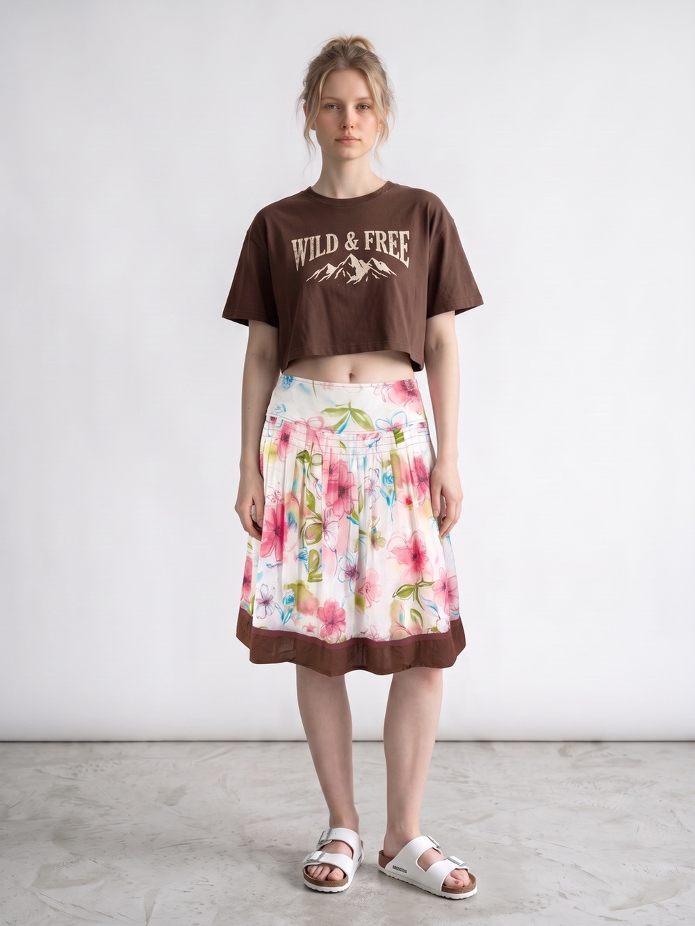 Floral A-Line Skirt Size 2 Martina Pink White Brown Western Cowgirl Boho Vintage